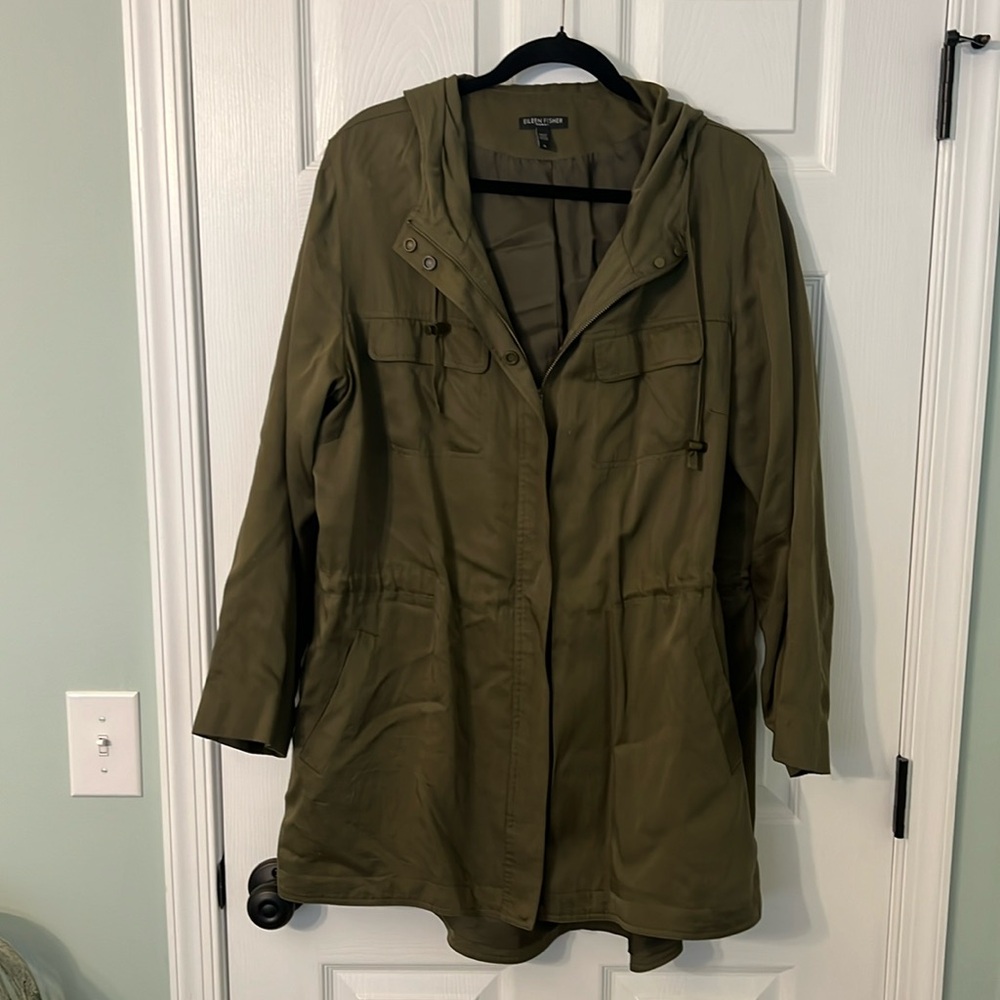 Eileen Fisher olive green army jacket with hood